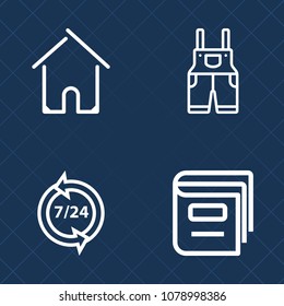 Premium set of outline vector icons. Such as pants, male, operator, telephone, headset, clothing, protection, wear, office, door, protective, home, phone, estate, textbook, modern, center, house, suit
