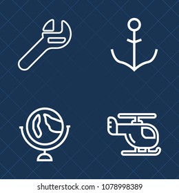 Premium set of outline vector icons. Such as earth, ship, marine, global, aviation, geography, travel, maintenance, wheel, service, industry, sky, aircraft, globe, planet, flight, map, rudder, fly