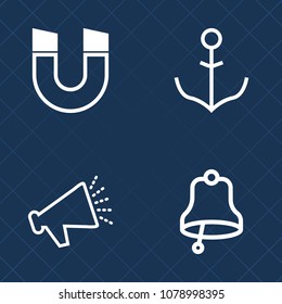 Premium set of outline vector icons. Such as field, sailboat, power, attraction, loudspeaker, sea, navigation, alarm, bell, yacht, call, technology, equipment, magnetic, marine, music, pole, education