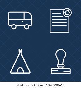 Premium set of outline vector icons. Such as summer, branding, house, nature, agent, hiking, recreation, identity, template, real, estate, stationery, vehicle, speed, street, tent, outdoor, green, bus