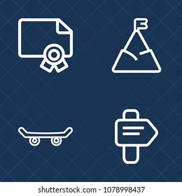 Premium set of outline vector icons. Such as nature, board, peak, skate, achievement, stamp, print, travel, award, scenic, mountain, landscape, business, skateboarding, certificate, direction, frame