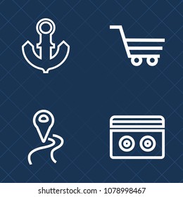 Premium set of outline vector icons. Such as cassette, nautical, gps, retail, tape, sea, shop, retro, record, blue, sale, audio, direction, refreshment, old, pointer, pin, travel, cruise, ship, cart