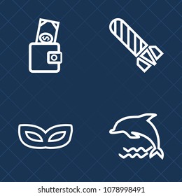 Premium set of outline vector icons. Such as dolphin, mask, power, modern, decoration, shopping, wild, bomb, water, bag, dollar, heat, marine, cloud, nature, purse, costume, finance, holiday, fire