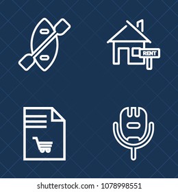 Premium set of outline vector icons. Such as travel, home, paper, sea, canoe, river, song, microphone, supermarket, market, loan, studio, store, sing, sale, property, entertainment, marine, estate