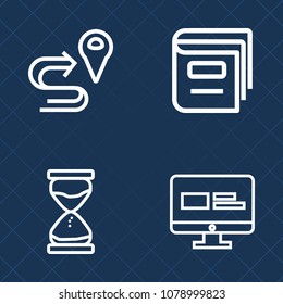 Premium set of outline vector icons. Such as web, book, flow, time, textbook, literature, text, paper, sand, navigation, measure, location, countdown, pointer, sign, glass, learning, computer, minute