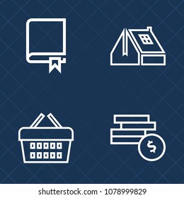 Premium set of outline vector icons. Such as roof, retail, literature, market, open, construction, concept, style, coin, dictionary, purchase, architecture, study, currency, business, money, textbook