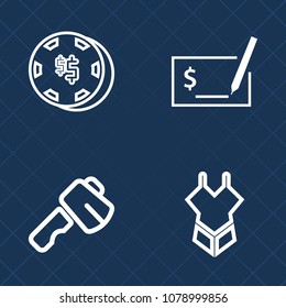 Premium set of outline vector icons. Such as checkbook, check, repair, luck, finance, pliers, gambling, wrench, swimsuit, money, screwdriver, pay, bank, banking, girl, payment, white, saw, risk, tool