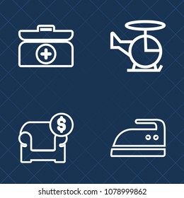 Premium set of outline vector icons. Such as aid, kit, help, helicopter, flight, sky, medical, doctor, comfortable, rescue, board, health, emergency, couch, sofa, transportation, fly, propeller, box