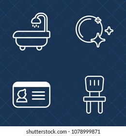 Premium set of outline vector icons. Such as id, sink, night, mirror, sleep, shower, card, tile, name, male, chair, background, sofa, furniture, bath, document, relaxation, moon, interior, seat, star