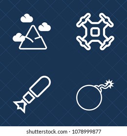 Premium set of outline vector icons. Such as photography, high, aerial, view, weapon, scenic, snow, top, war, scene, control, landscape, fly, bomb, nuclear, panorama, camera, travel, nature, hill, sky
