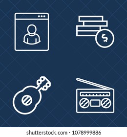 Premium set of outline vector icons. Such as studio, profile, musician, guitar, dollar, social, people, volume, network, concert, instrument, finance, banking, radio, avatar, record, web, jazz, media