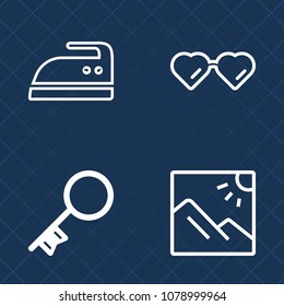 Premium set of outline vector icons. Such as glasses, picture, tourism, landscape, lock, photo, modern, housekeeping, vision, photography, sun, iron, electric, object, woman, style, household, ironing