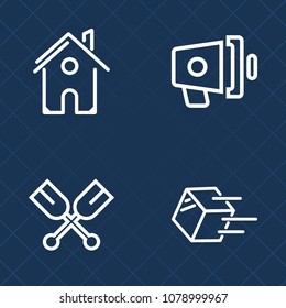 Premium set of outline vector icons. Such as estate, building, sound, alert, water, cargo, canoe, paddle, sea, shipping, speaker, message, real, announcement, exterior, bullhorn, voice, sport, oar