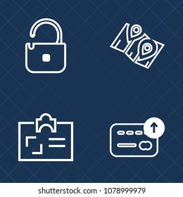 Premium set of outline vector icons. Such as location, open, finance, navigation, plastic, name, cash, password, street, key, currency, document, direction, id, safety, investment, wealth, business