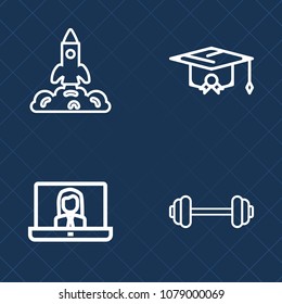 Premium set of outline vector icons. Such as exercise, exploration, shuttle, healthy, woman, university, school, space, video, celebration, mission, cap, technology, success, travel, physical, sport