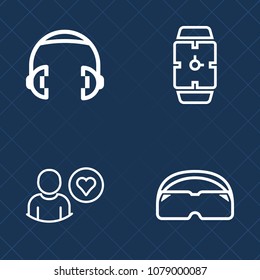 Premium set of outline vector icons. Such as wrist, online, music, earphone, glasses, listen, audio, fashion, modern, star, studio, subscribe, rating, mock-up, website, volume, hour, hand, equipment