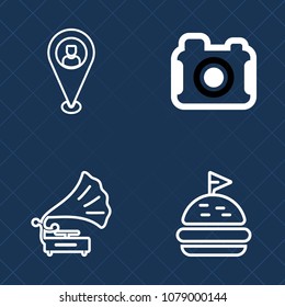 Premium set of outline vector icons. Such as marker, image, record, technology, photographer, equipment, sandwich, meat, road, entertainment, sign, photography, sound, lettuce, bread, music, picture