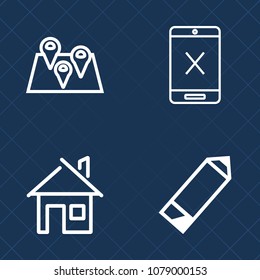 Premium set of outline vector icons. Such as drawing, house, connection, cut, exterior, estate, office, sign, gps, street, map, architecture, subscription, property, network, travel, location, web, tv