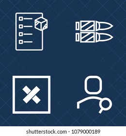 Premium set of outline vector icons. Such as checklist, industry, ammo, internet, warehouse, account, web, computer, package, freight, truck, danger, technology, steel, background, bullets, white, war