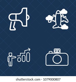 Premium set of outline vector icons. Such as photography, digital, sign, film, message, transport, bullhorn, photo, loud, aviation, sky, motivation, sound, airplane, progress, personal, loudspeaker