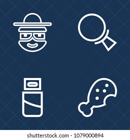 Premium set of outline vector icons. Such as transfer, connector, computer, character, power, comic, seek, meat, magnifying, device, magnifier, happy, drawing, fried, web, cable, funny, sign, plug
