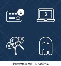 Premium set of outline vector icons. Such as light, wealth, sign, screen, business, science, cash, mobile, ship, investment, ufo, office, display, bag, sack, flying, money, monitor, space, computer
