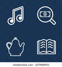 Premium set of outline vector icons. Such as technology, web, water, coffee, library, pot, music, website, sheet, key, internet, page, concept, kitchen, beverage, book, tea, education, treble, hot