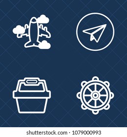 Premium set of outline vector icons. Such as airplane, helm, basket, aircraft, rudder, smartphone, air, jet, plane, buy, travel, message, commercial, communication, tourism, ship, fly, transportation