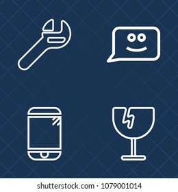 Premium set of outline vector icons. Such as industry, window, cellphone, mechanic, crash, tool, internet, touchscreen, cell, service, broken, mobile, crack, work, technology, screen, smile, funny