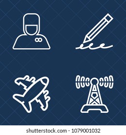 Premium set of outline vector icons. Such as assistance, education, radio, aviation, job, sound, paper, bellman, hotel, airplane, flight, plane, school, pen, communication, man, holding, aircraft, air
