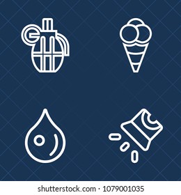 Premium set of outline vector icons. Such as equipment, weapon, ball, seminar, environment, cold, wet, milk, grenade, hand, rain, screen, projection, snack, explosive, metal, violence, war, scoop, ice