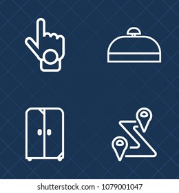 Premium set of outline vector icons. Such as finger, point, press, gesture, person, furniture, bedroom, pointer, travel, interior, desk, road, suitcase, route, journey, sign, tourism, house, bag, tour