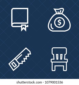 Premium set of outline vector icons. Such as seat, encyclopedia, interior, dictionary, room, collection, background, bank, money, furniture, home, open, drill, book, armchair, school, profit, banking