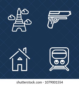 Premium set of outline vector icons. Such as train, residential, travel, pistol, transport, construction, railroad, army, tower, handgun, city, gun, architecture, sky, protection, military, danger