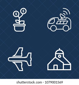 Premium set of outline vector icons. Such as plant, architecture, industry, positioning, banking, satellite, transport, wealth, construction, savings, business, investment, direction, technology, road