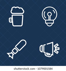 Premium set of outline vector icons. Such as pub, military, innovation, drink, foam, sound, bomb, bar, loudspeaker, pint, lightbulb, explosive, danger, power, bulb, destruction, energy, froth, alcohol