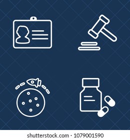 Premium set of outline vector icons. Such as name, prescription, trial, lawyer, spaceship, medication, pill, criminal, courthouse, id, medicine, medical, gavel, plastic, personal, rocket, judgment