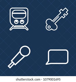 Premium set of outline vector icons. Such as broadcast, vintage, concert, travel, rail, speech, communication, audio, antique, security, door, speed, music, railway, mic, retro, station, transport