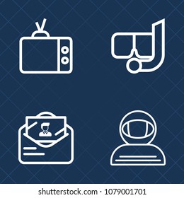 Premium set of outline vector icons. Such as snorkel, entertainment, astronomy, letter, display, television, modern, diving, snorkeling, travel, lcd, correspondence, cosmonaut, equipment, leisure, sea