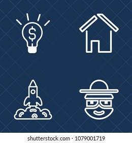 Premium set of outline vector icons. Such as shuttle, residential, discovery, business, idea, property, bulb, rocket, home, face, inspiration, spaceship, happy, technology, astronaut, exploration