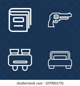 Premium set of outline vector icons. Such as war, search, literature, concept, weapon, trigger, bedroom, double, education, learning, sign, white, gun, revolver, discovery, crime, glasses, metal, text