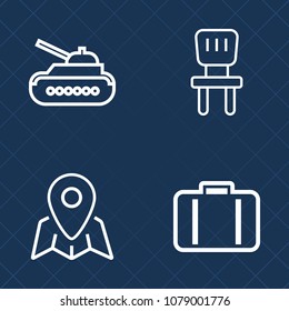 Premium set of outline vector icons. Such as combat, vehicle, transportation, camouflage, sign, travel, white, seat, map, room, terminal, luggage, modern, sofa, journey, military, house, location, bag