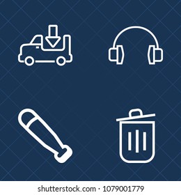 Premium set of outline vector icons. Such as platform, sport, wood, device, technology, lorry, earphones, garbage, freight, white, trash, transport, recycling, shipping, play, bin, ecology, music, ear