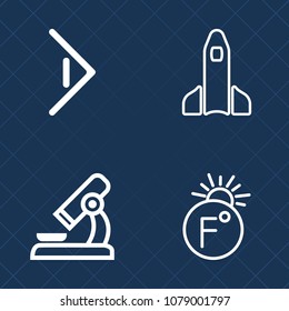 Premium set of outline vector icons. Such as laboratory, lab, sign, microscope, shuttle, rocket, orbit, astronaut, direction, thermometer, equipment, experiment, button, exploration, travel, launch