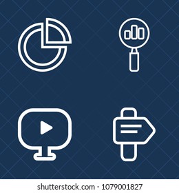 Premium set of outline vector icons. Such as seek, diagram, search, magnifier, magnify, pointer, guidance, choice, direction, circle, template, play, finance, chart, magnifying, solution, way, music