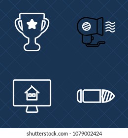 Premium set of outline vector icons. Such as fan, house, victory, cartridge, shot, buy, weapon, success, war, internet, estate, place, competition, award, air, horizontal, online, dryer, sport, people