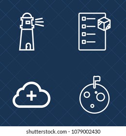 Premium set of outline vector icons. Such as beach, warehouse, business, freight, storage, navigation, technology, planet, sea, truck, lighthouse, shipping, transport, crater, add, travel, landscape