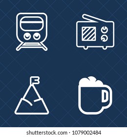 Premium set of outline vector icons. Such as railway, speed, hill, nature, beverage, coffee, train, station, technology, peak, transport, travel, panorama, wireless, locomotive, rail, journey, mobile