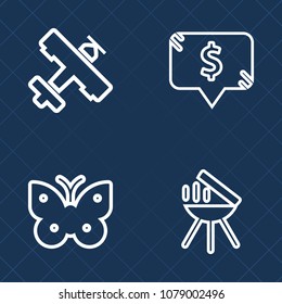 Premium set of outline vector icons. Such as label, insect, summer, grill, transportation, sale, template, passenger, colorful, fire, plane, collection, travel, price, hot, airplane, jet, flight, wing