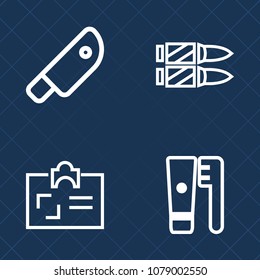 Premium set of outline vector icons. Such as axe, bullet, cartridge, name, dental, steel, tool, rifle, health, personal, blade, toothpaste, care, cook, ammo, knife, brush, war, food, military, cooking